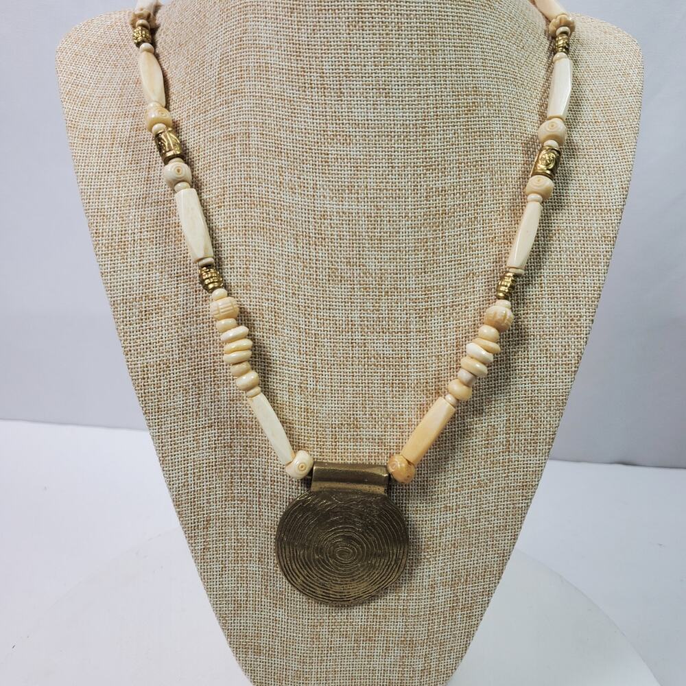 Vintage Tribal Necklace 40 Inch Ivory White Gold Tone
